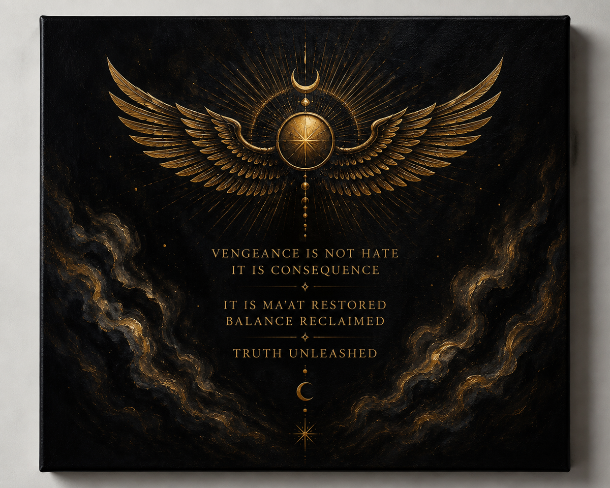 Ma'at Restored dark Egyptian canvas print with winged sun disc and gold typography on black background